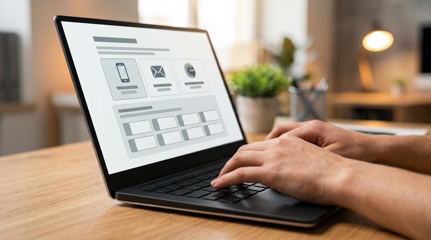 Manos de una persona escribiendo en el teclado de una laptop con interfaz de diseño web en pantalla
