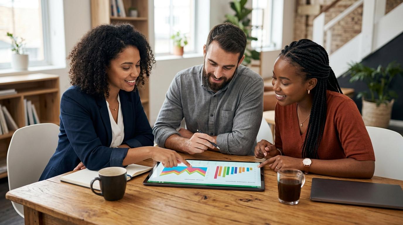 Tres personas revisan gráficos en una tablet sobre una mesa de madera con tazas y cuadernos

