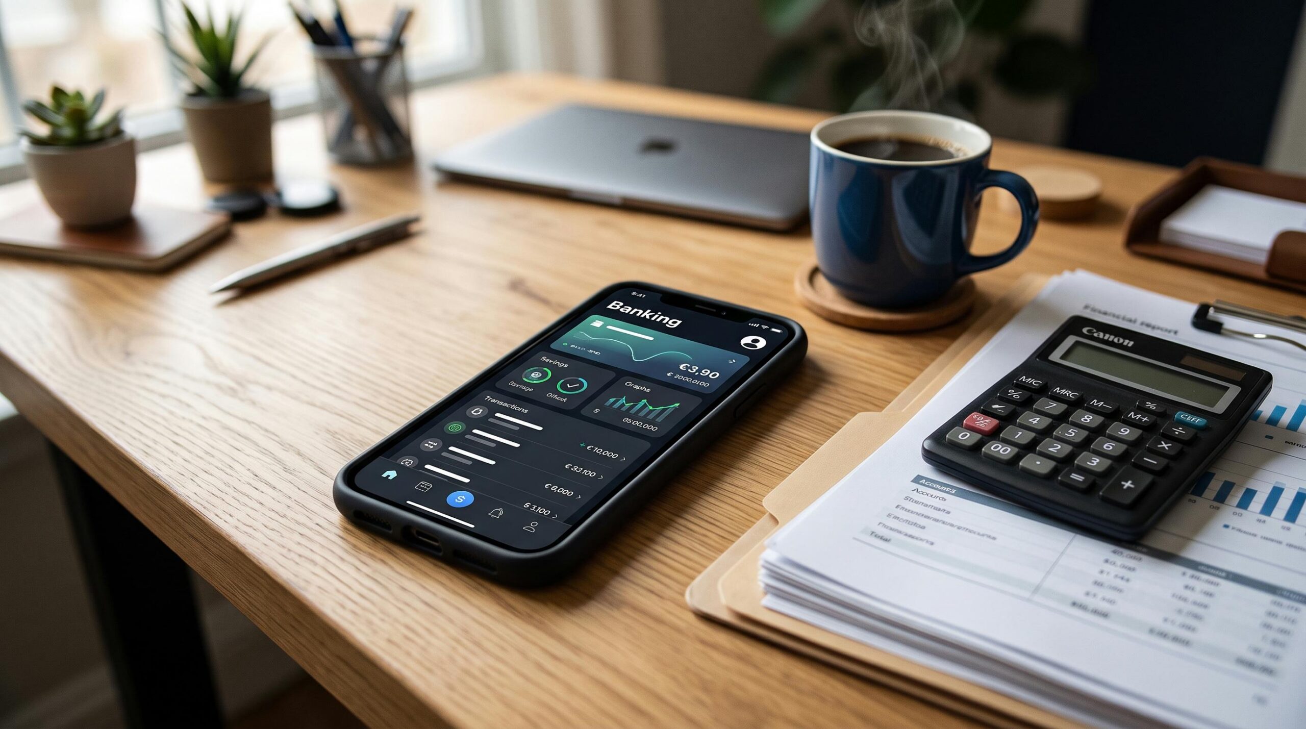 Primer plano de una aplicación bancaria abierta en un smartphone sobre una mesa de trabajo, con una calculadora, documentos financieros ordenados 