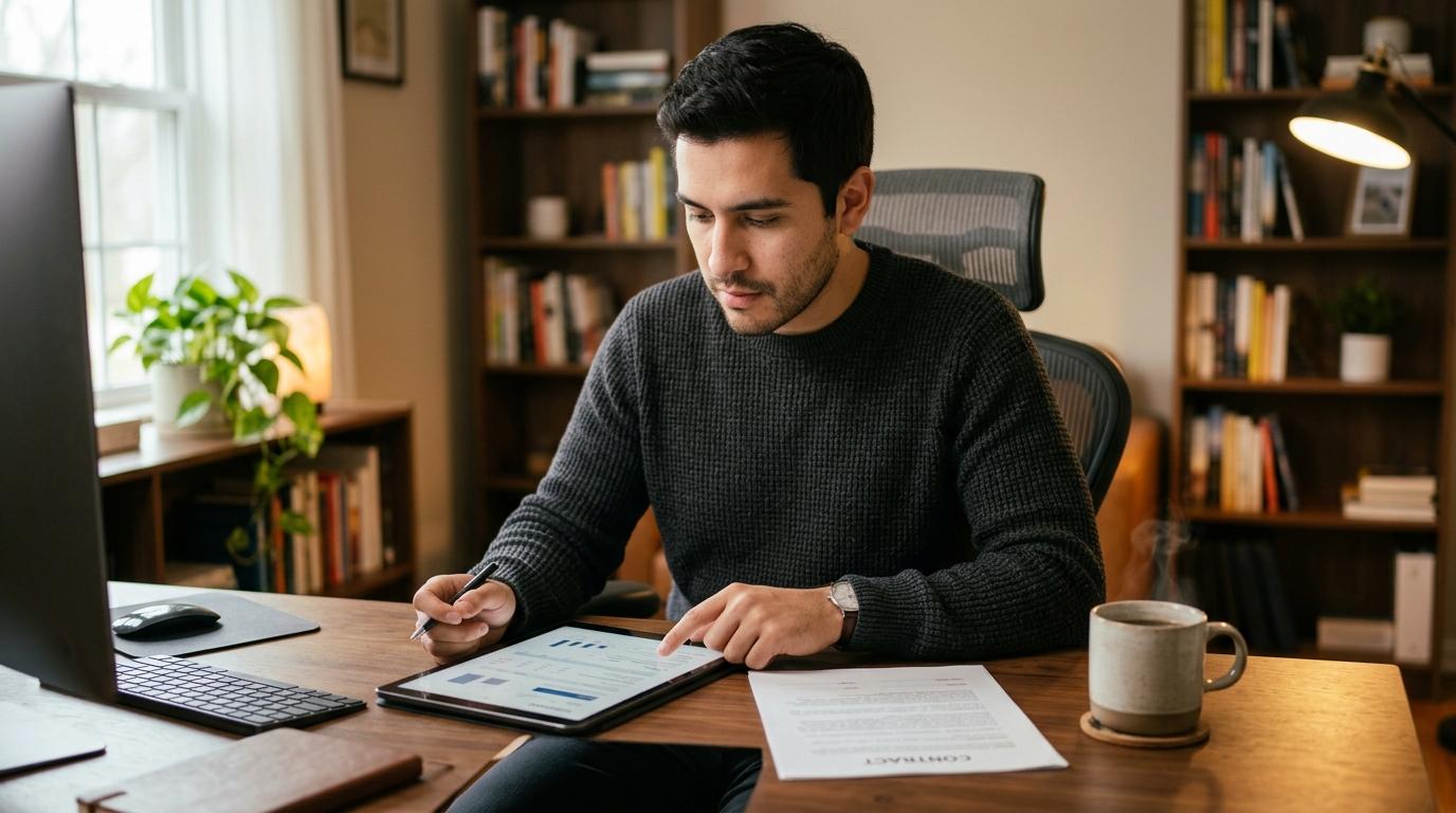  Persona sentada en escritorio usando tablet digital con documentos y computadora portátil al lado
