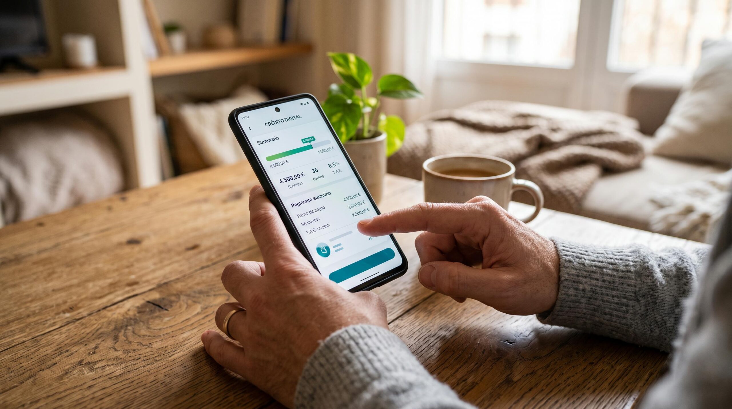 Persona usando smartphone con aplicación de finanzas digitales sobre mesa de madera con taza de café al lado

