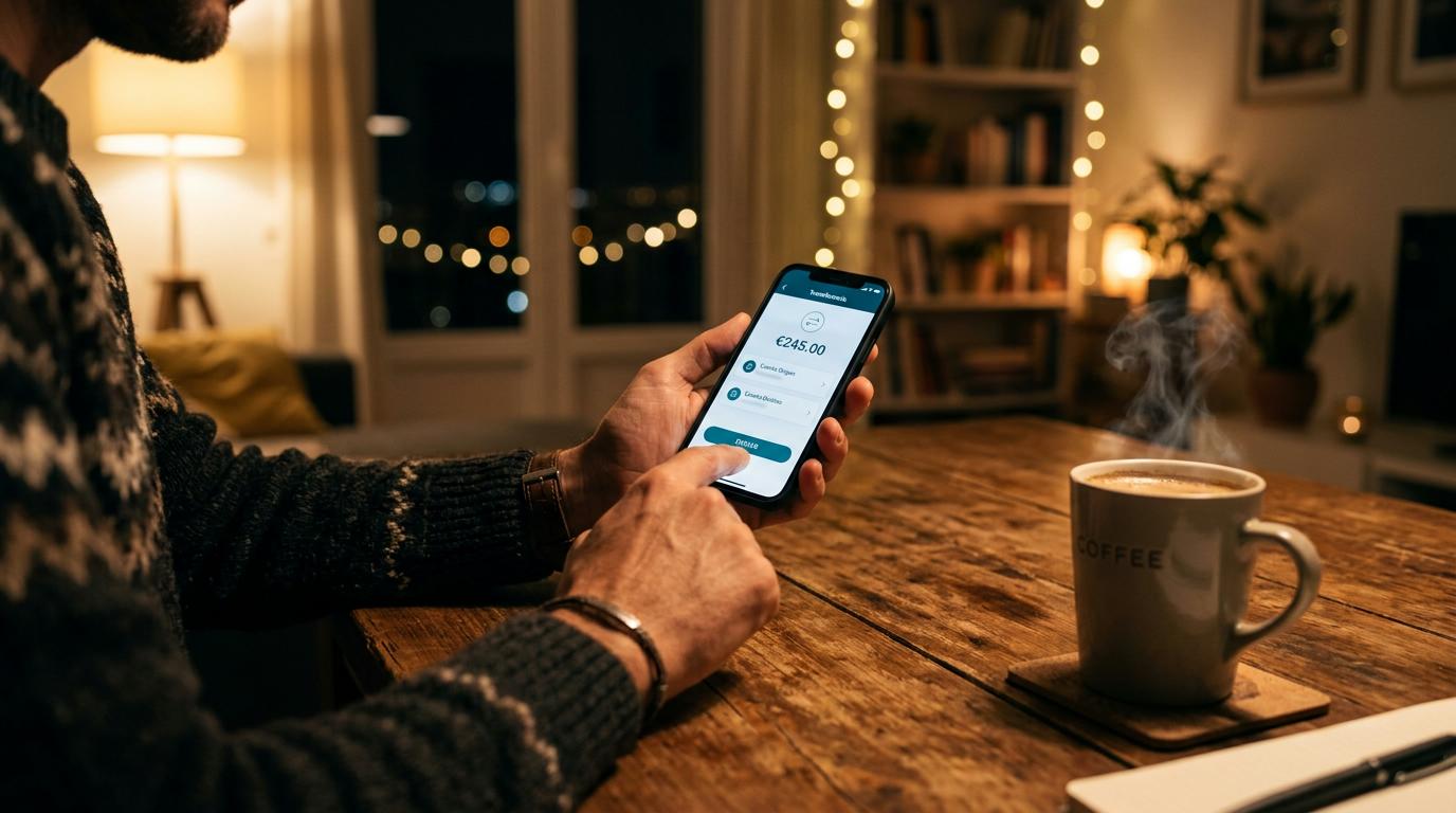 Persona usando teléfono móvil en mesa de madera con taza de café humeante y cuaderno al lado
