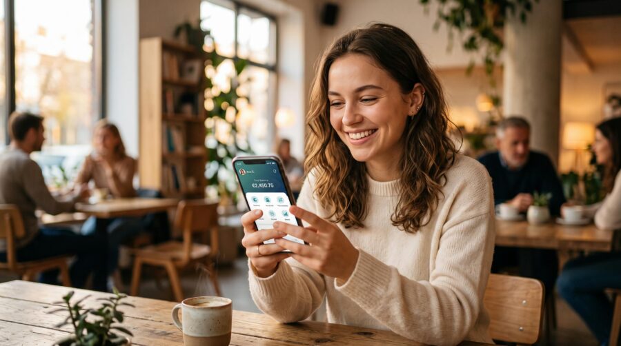 Persona revisando el saldo de su cuenta digital gratuita desde su celular mientras toma un café