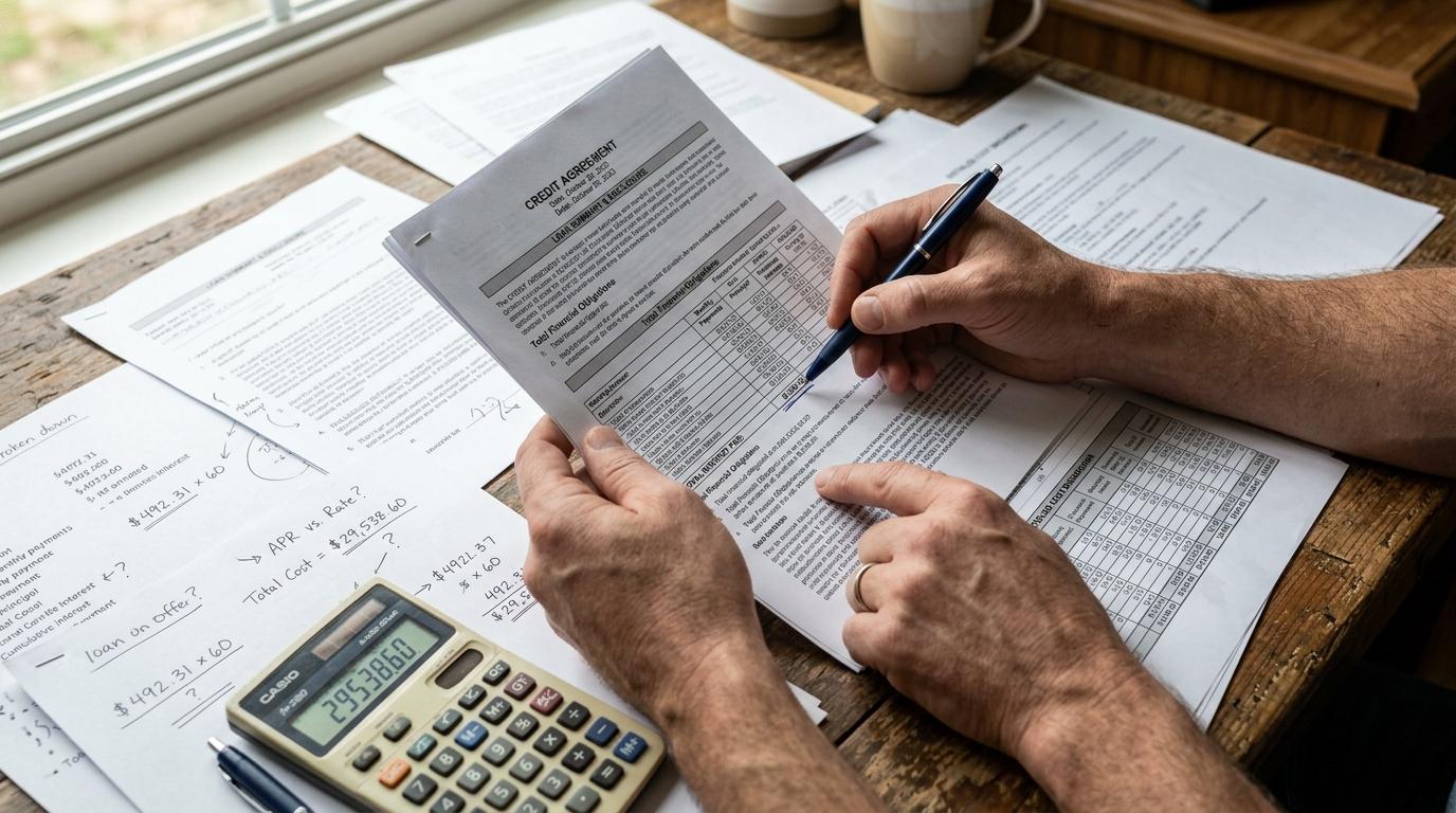 Manos sosteniendo un contrato de crédito sobre una mesa con documentos financieros desglosados y una calculadora, primer plano detallado con luz natur