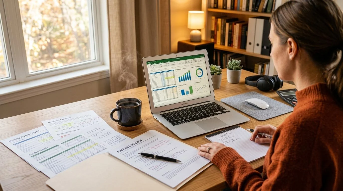 Escritorio organizado con documentos financieros desplegados, una laptop mostrando números y porcentajes en pantalla, y una taza de café humeante, amb