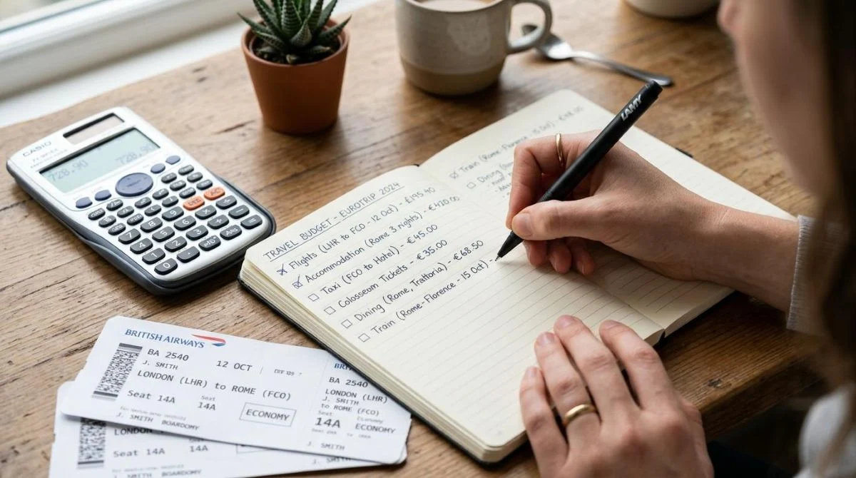 Primer plano de una mano sosteniendo un bolígrafo sobre un cuaderno abierto con una lista de gastos escrita, junto a una calculadora y algunos boletos
