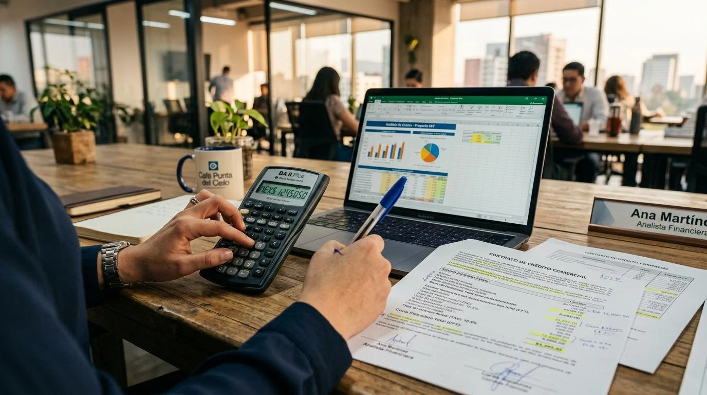 Primer plano de unas manos usando una calculadora financiera junto a una laptop y documentos de crédito, con iluminación cálida y ambiente de oficina