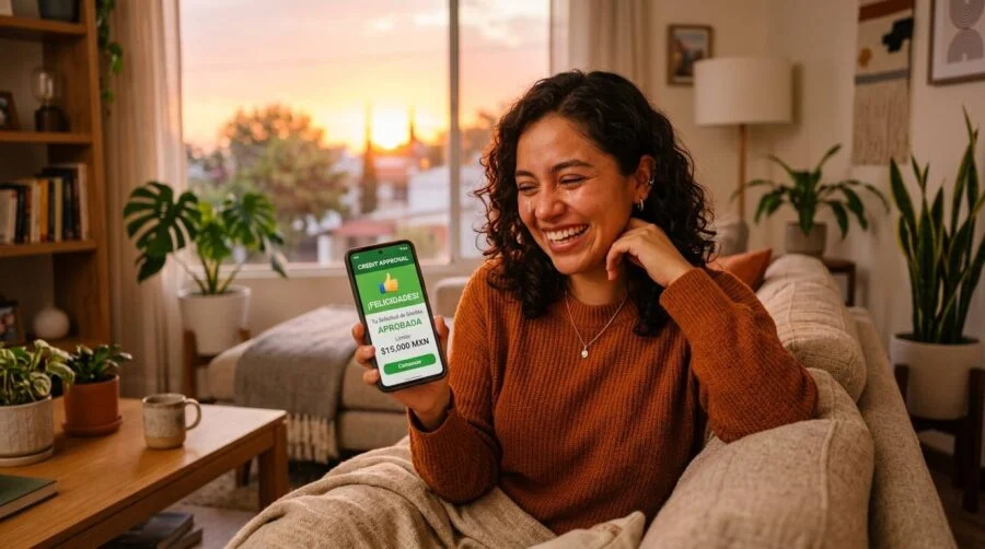 Persona revisando una solicitud de préstamo personal digital desde su celular sentada en un escritorio