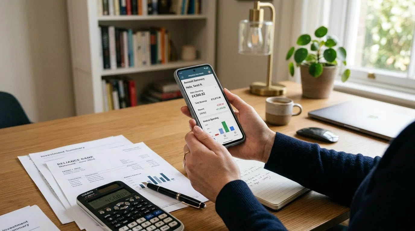Manos sosteniendo un teléfono inteligente que muestra una aplicación bancaria en pantalla, junto a una calculadora y documentos financieros sobre un e