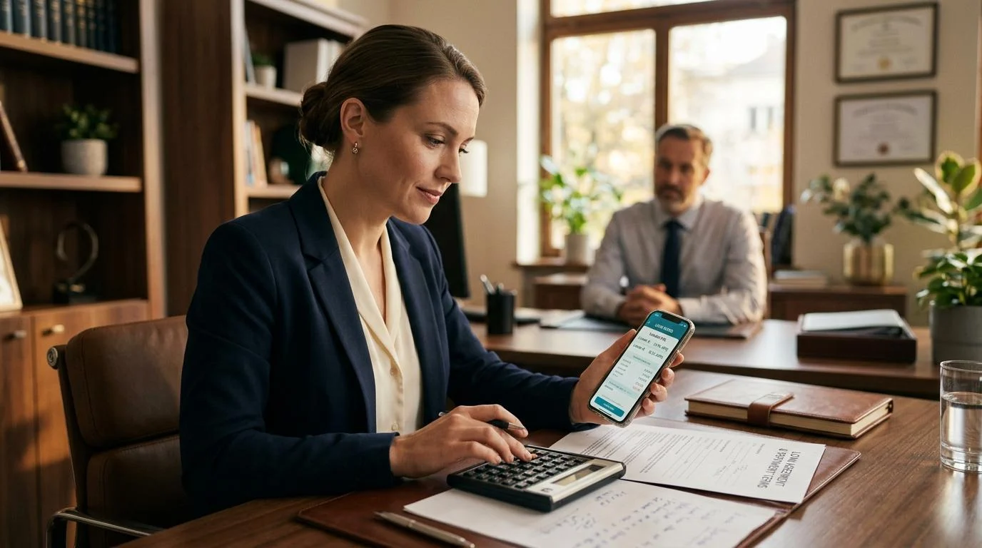 Una persona usando una calculadora financiera junto a un teléfono móvil para comparar tasas de interés antes de firmar un crédito, con iluminación cál