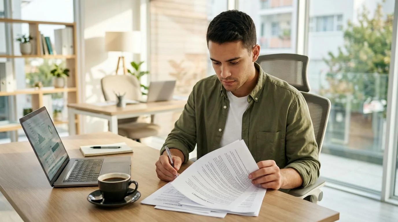 Persona joven revisando atentamente los documentos de un contrato de crédito sobre un escritorio moderno con una laptop y una taza de café, con luz na