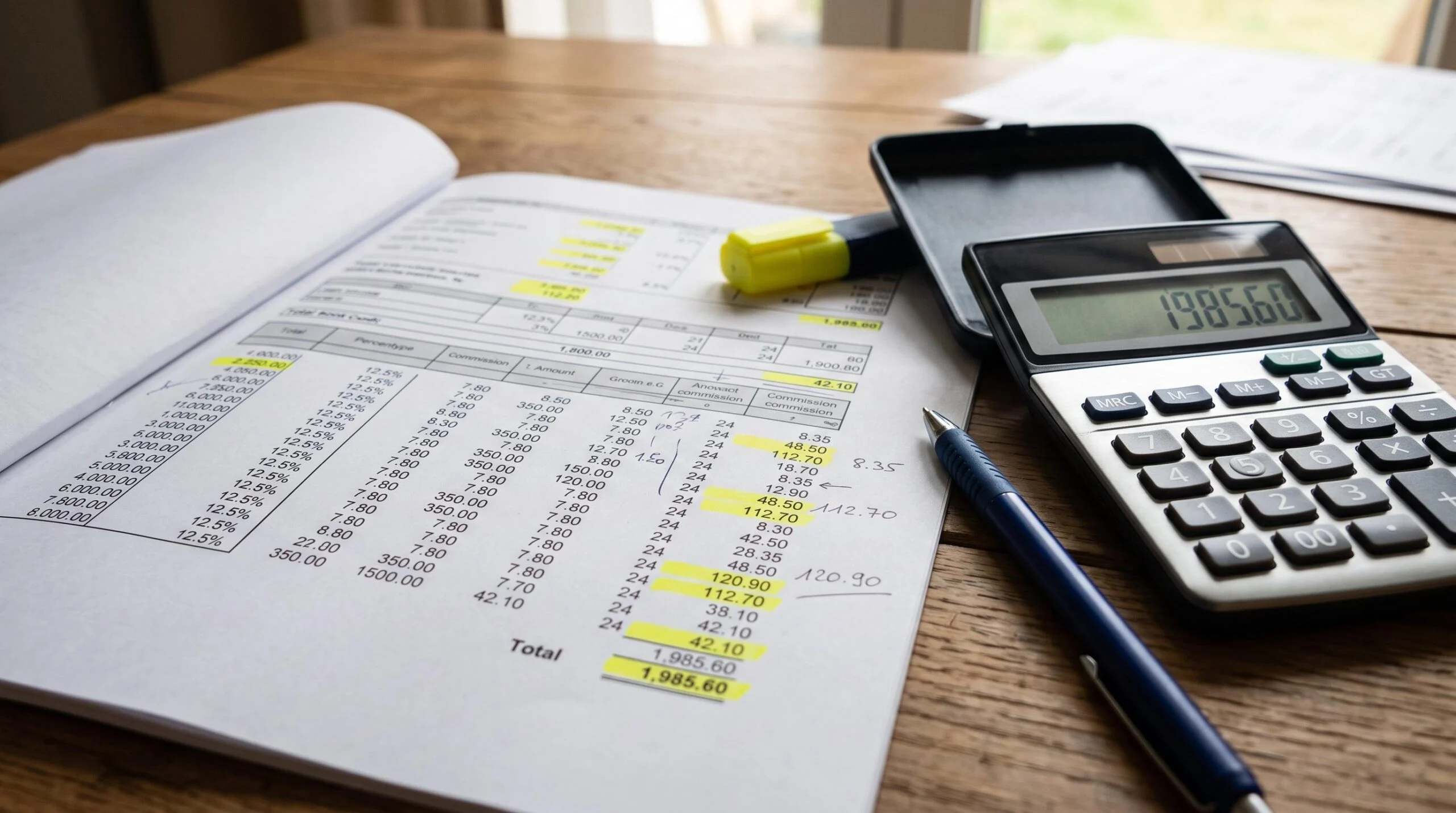 Primer plano de un documento financiero con números resaltados y una calculadora sobre la mesa, representando el análisis de comisiones ocultas y el c