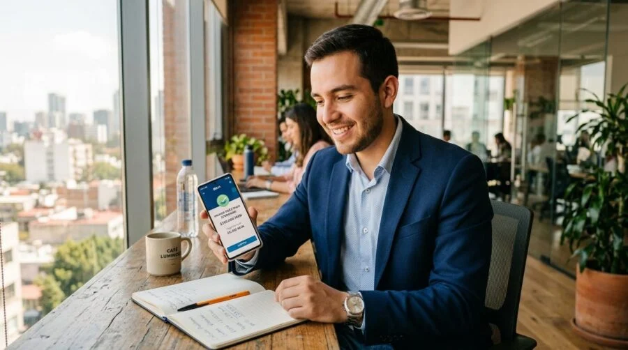 Persona revisando opciones de primer préstamo en su teléfono celular, con documentos de ingresos sobre la mesa
