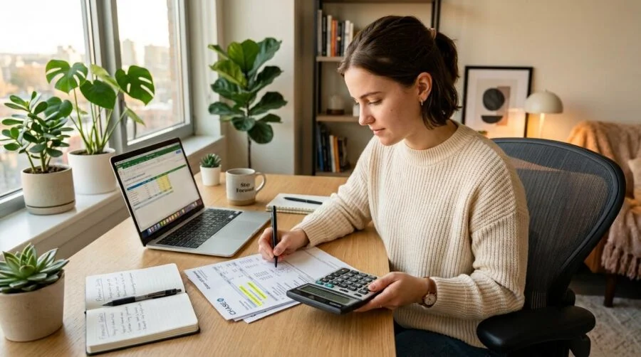 Persona revisando su sueldo neto y calculando cuánto puede comprometer en préstamos con una calculadora y su estado de cuenta