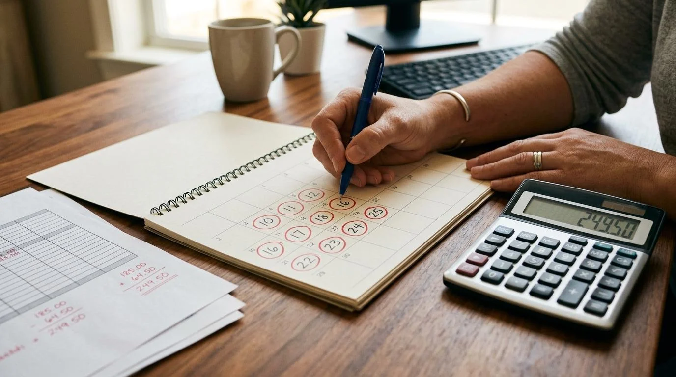Manos de una persona marcando fechas con un bolígrafo en un calendario de escritorio junto a una calculadora y documentos financieros, representando e