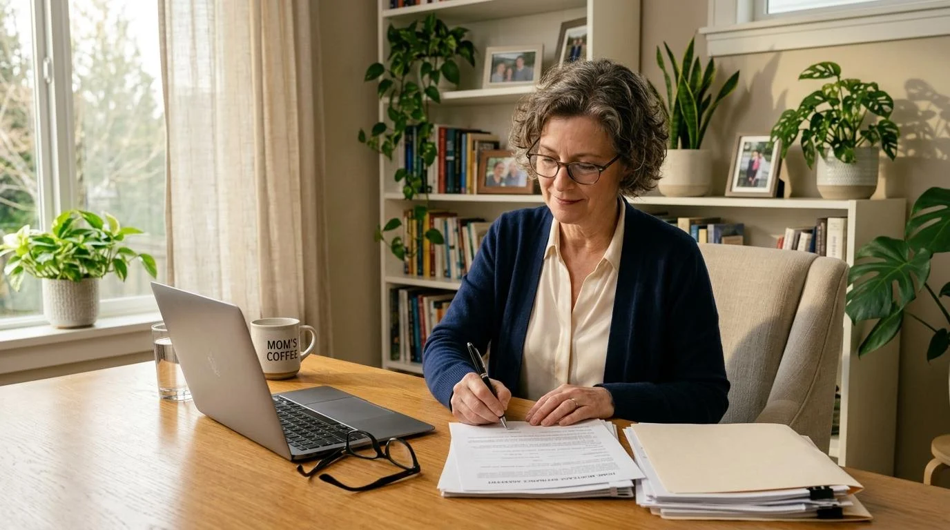 Persona madura firmando un documento en una mesa con una pluma, frente a una laptop abierta y gafas, entorno de oficina en casa con plantas decorativa