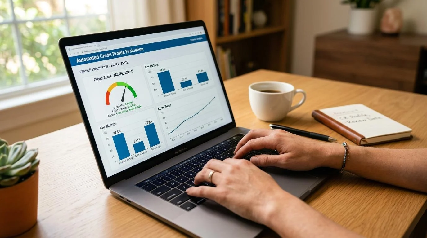 Primer plano de manos tecleando en una laptop moderna con gráficas de análisis de datos financieros visibles en la pantalla, sobre un escritorio orden