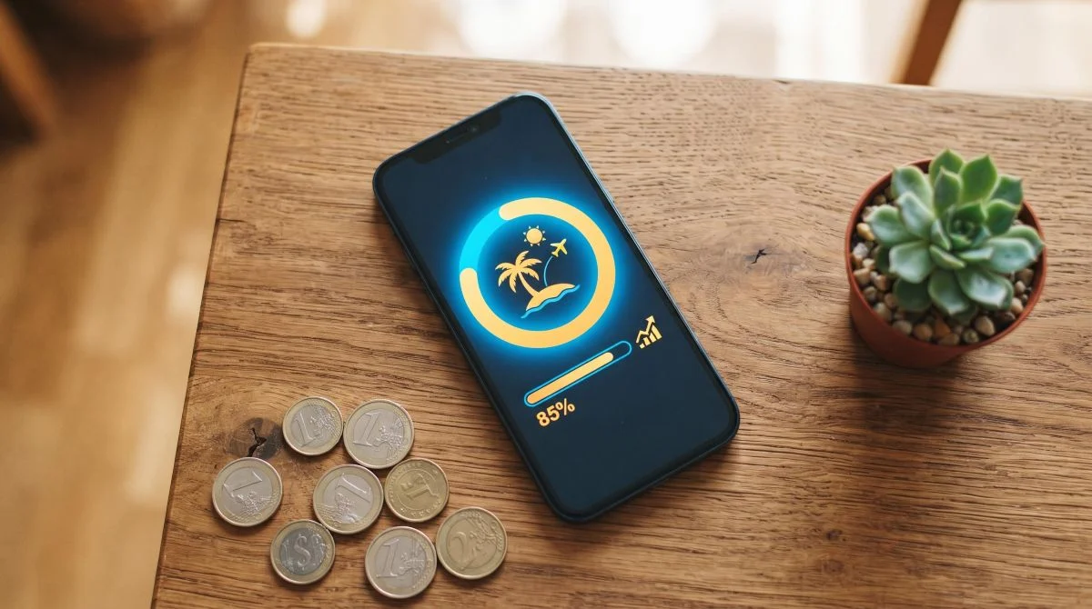 Vista superior de un teléfono móvil sobre una mesa de madera mostrando una aplicación de banca con un progreso de ahorro positivo, rodeado de monedas
