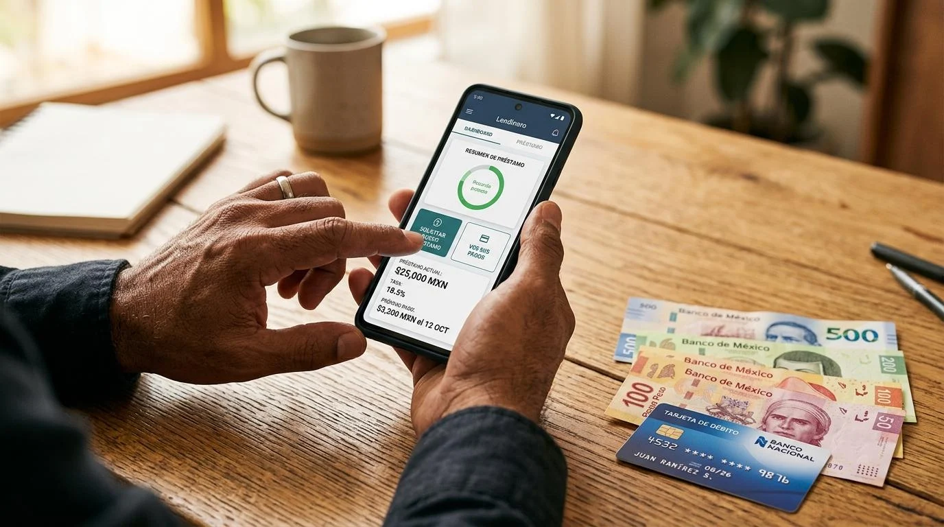 Primer plano de las manos de un hombre usando una aplicación de préstamos en su teléfono inteligente, junto a billetes mexicanos y una tarjeta sobre u