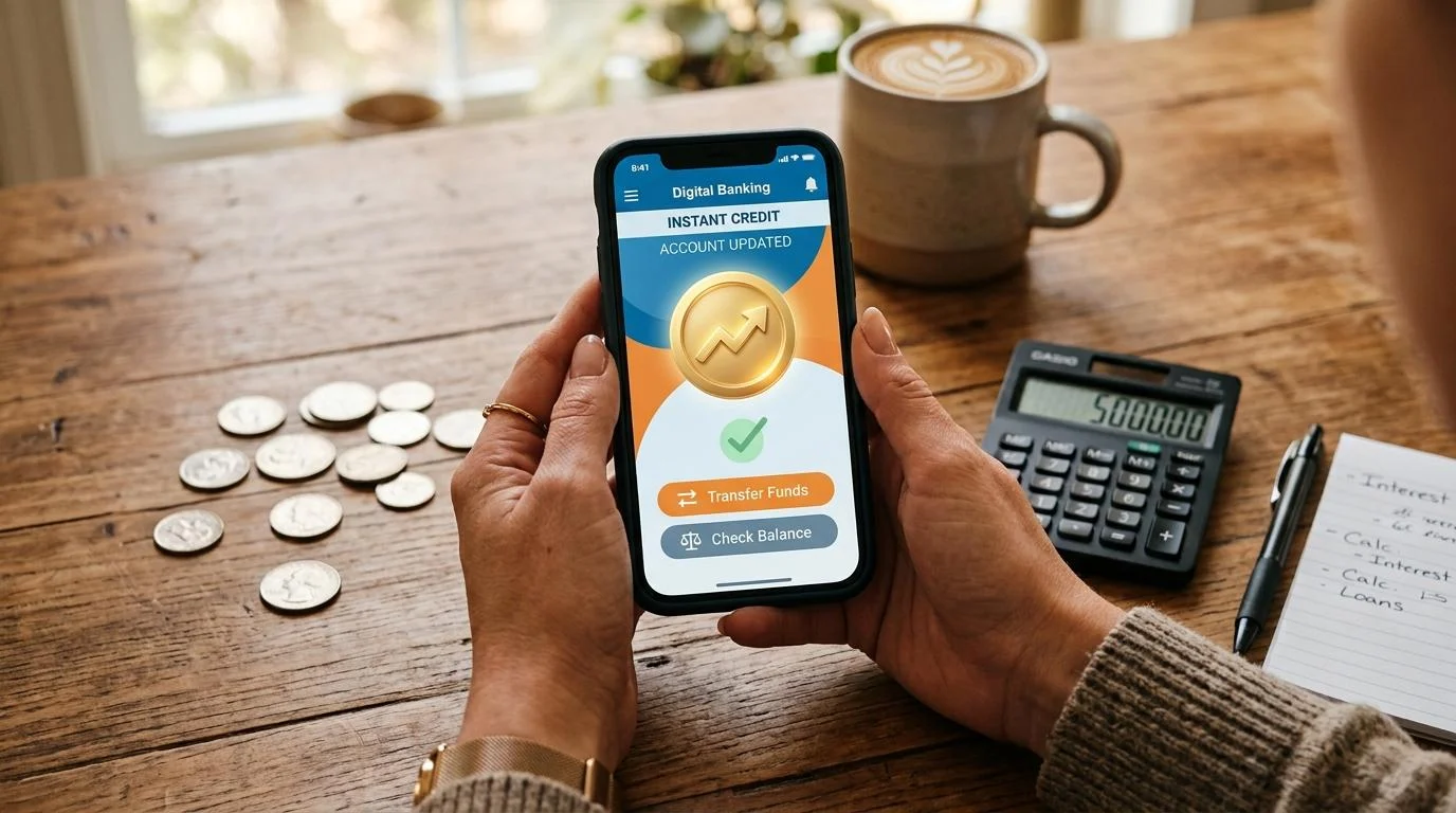 Manos sosteniendo un teléfono celular mostrando una interfaz de banca digital abstracta, con monedas y una calculadora sobre la mesa de fondo
