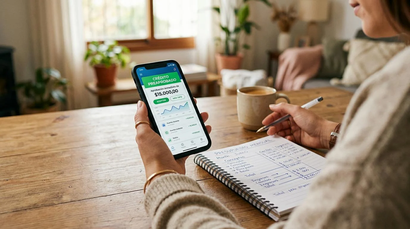Primer plano de unas manos sosteniendo un teléfono inteligente con una notificación de crédito preaprobado mientras la persona consulta su presupuesto