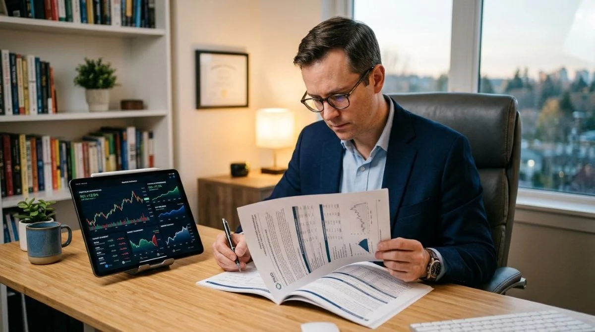 nversionista individual analizando un prospecto de colocación impreso junto a una tablet con datos financieros, en un escritorio limpio y moderno