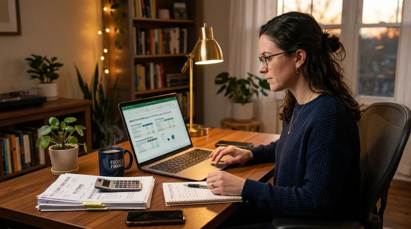 Persona revisando documentos de ingresos y opciones de préstamo en una laptop, sentada en un escritorio ordenado con una taza de café