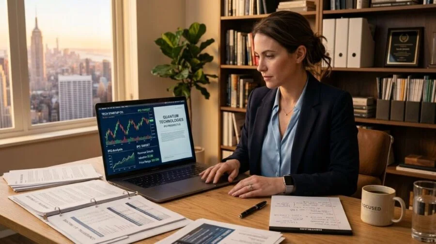 Persona revisando información financiera sobre una oferta pública inicial en su laptop, con gráficas bursátiles en pantalla