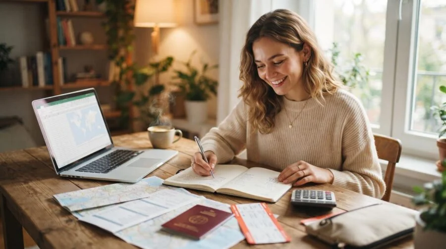 Persona revisando un plan de ahorro para vacaciones en su celular mientras toma notas en un cuaderno