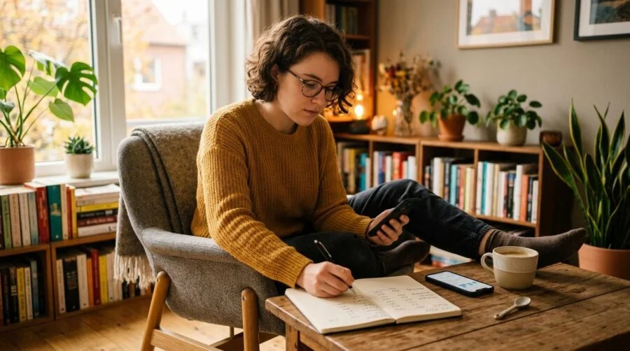 Persona analizando opciones de financiamiento en su teléfono celular, comparando préstamo personal vs línea de crédito
