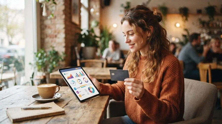 Persona comparando opciones de programas de fidelidad financiera en su teléfono celular