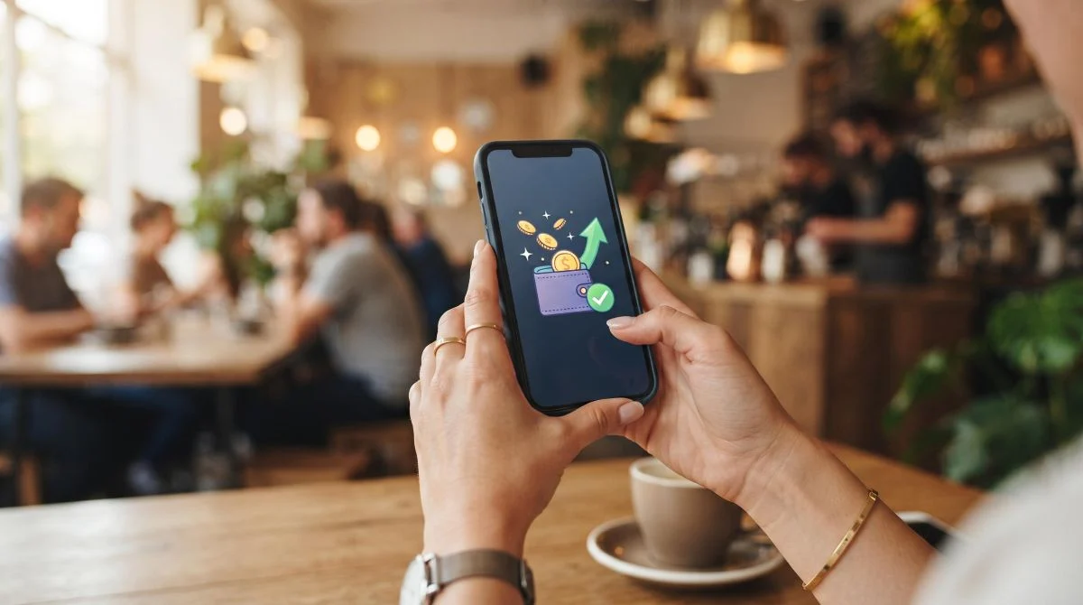 Manos sosteniendo un smartphone que muestra una notificación de reembolso en efectivo después de una compra, con un fondo difuso de una cafetería 
