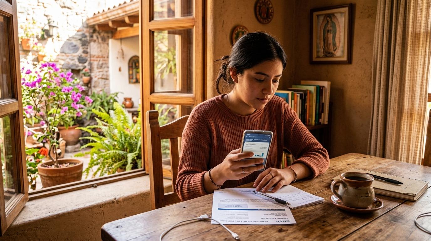 Persona joven sentada en un escritorio de madera revisando el estado de cuenta de su préstamo en un teléfono celular, acompañada de papeles de pagos y