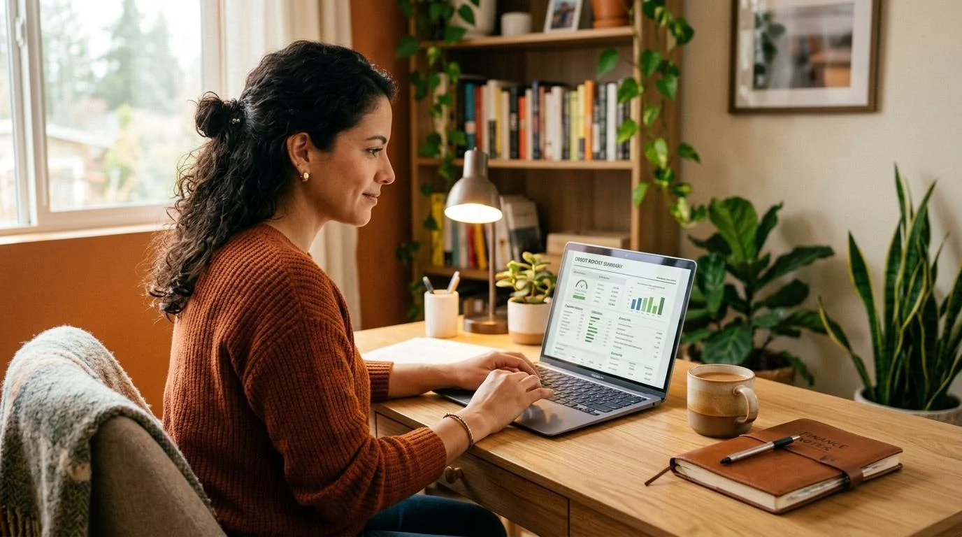 Mujer latina concentrada revisando su reporte de crédito en una computadora portátil desde su escritorio en casa, con una taza de café y un cuaderno d
