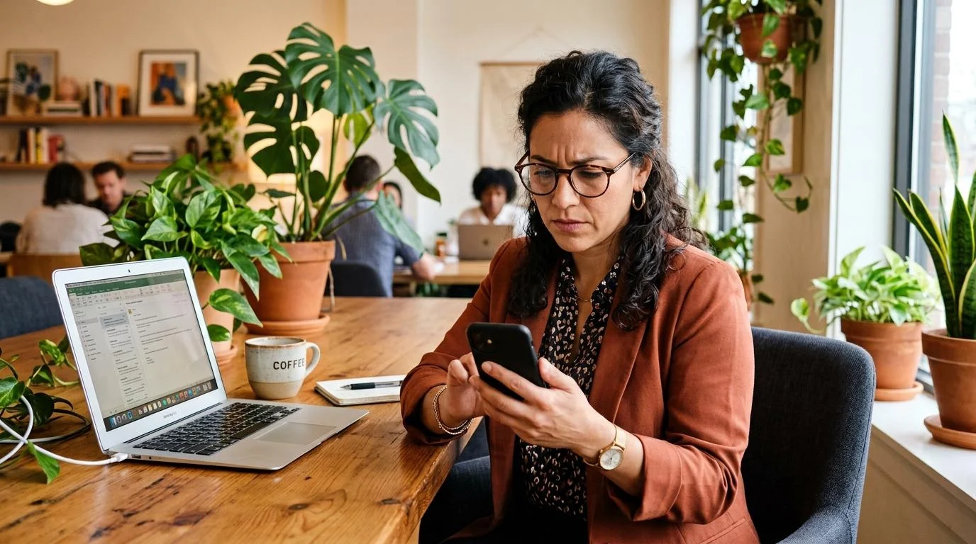 Mujer latina concentrada sentada en un escritorio de madera revisando una solicitud de préstamo desde su celular, con una laptop abierta y una taza de
