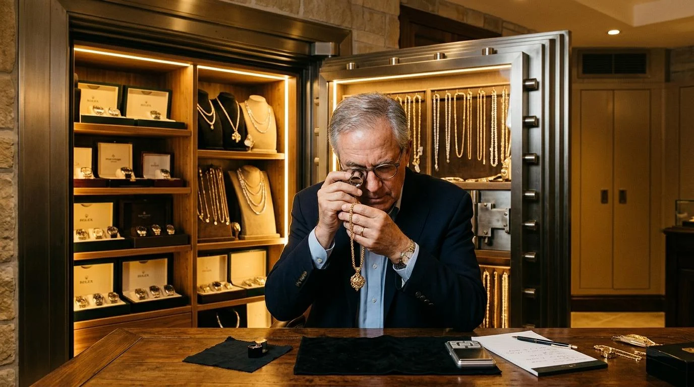 Experto evaluando con una lupa una joya de oro frente a una caja fuerte abierta que contiene relojes y collares valorados, en un ambiente seguro con t